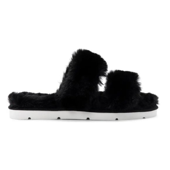 NEW Dolce Vita Women Puff Black Faux Fur Two Strap Slide Sandal Slippers - Picture 4 of 9